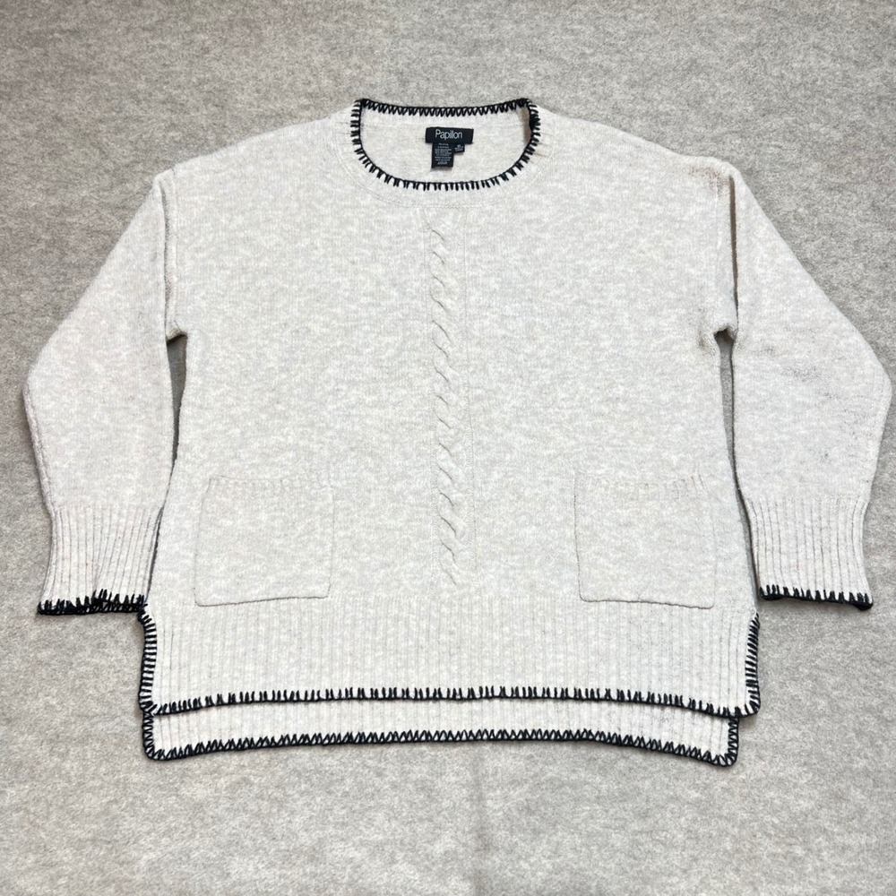 Papillon Womens XL Oatmeal Blanket Stitch Cable Knit Pocket Sweater Minimalist
